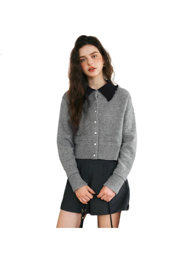 Olrain Women'S Long Sleeve Knit Sweater Spring Autumn New Contrast Color Lapel Elegant Commuter Cardigan Grey Xl - Image 2