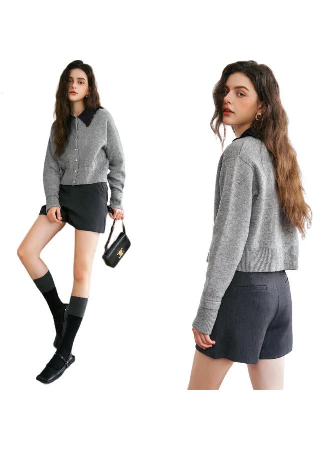 Olrain Women'S Long Sleeve Knit Sweater Spring Autumn New Contrast Color Lapel Elegant Commuter Cardigan Grey Xl - Image 1