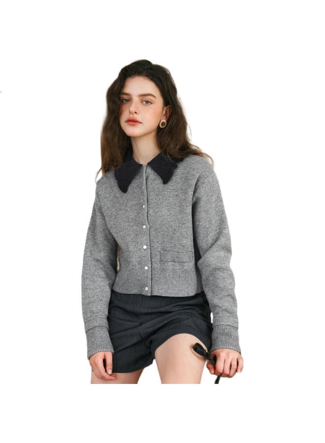 Olrain Women'S Long Sleeve Knit Sweater Spring Autumn New Contrast Color Lapel Elegant Commuter Cardigan Grey Xl - Image 3
