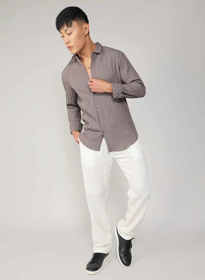 Campus Sutra Campus Sutra Men's Ash Grey Self-Design Striped Shirt For Casual Wear | Spread Collar | Long Sleeve | Button Closure | Shirt Crafted With Comfort Fit For Everyday Wear