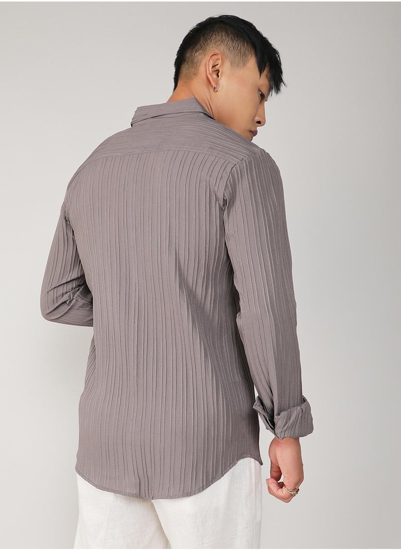 Campus Sutra Campus Sutra Men's Ash Grey Self-Design Striped Shirt For Casual Wear | Spread Collar | Long Sleeve | Button Closure | Shirt Crafted With Comfort Fit For Everyday Wear  - Image 5