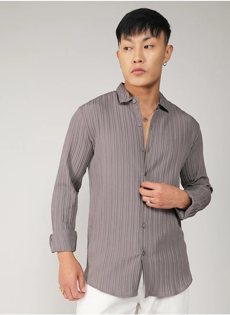 Campus Sutra Campus Sutra Men's Ash Grey Self-Design Striped Shirt For Casual Wear | Spread Collar | Long Sleeve | Button Closure | Shirt Crafted With Comfort Fit For Everyday Wear