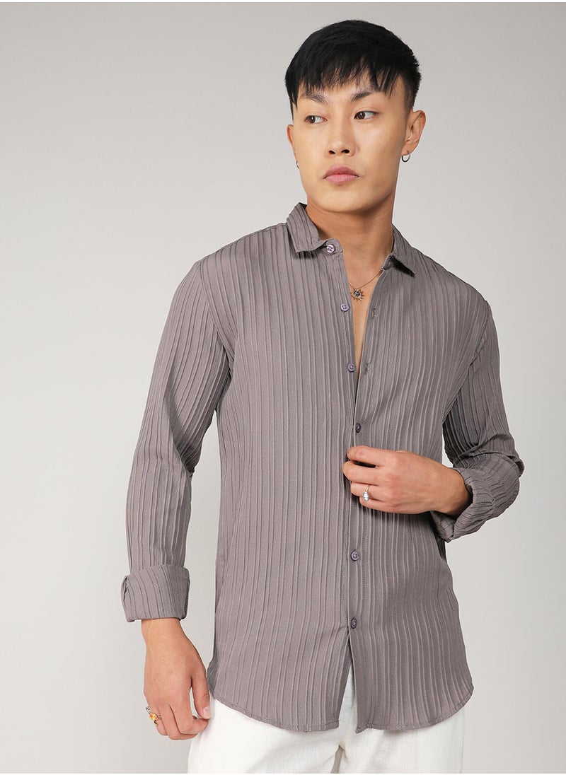 Campus Sutra Campus Sutra Men's Ash Grey Self-Design Striped Shirt For Casual Wear | Spread Collar | Long Sleeve | Button Closure | Shirt Crafted With Comfort Fit For Everyday Wear  - Image 2