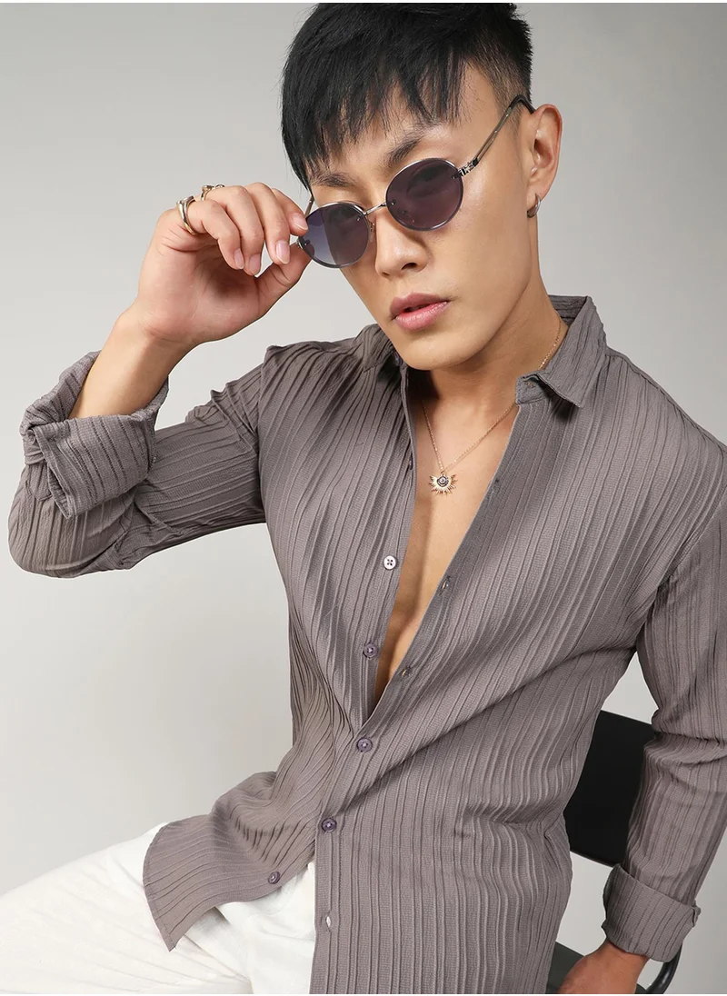 Campus Sutra Campus Sutra Men's Ash Grey Self-Design Striped Shirt For Casual Wear | Spread Collar | Long Sleeve | Button Closure | Shirt Crafted With Comfort Fit For Everyday Wear