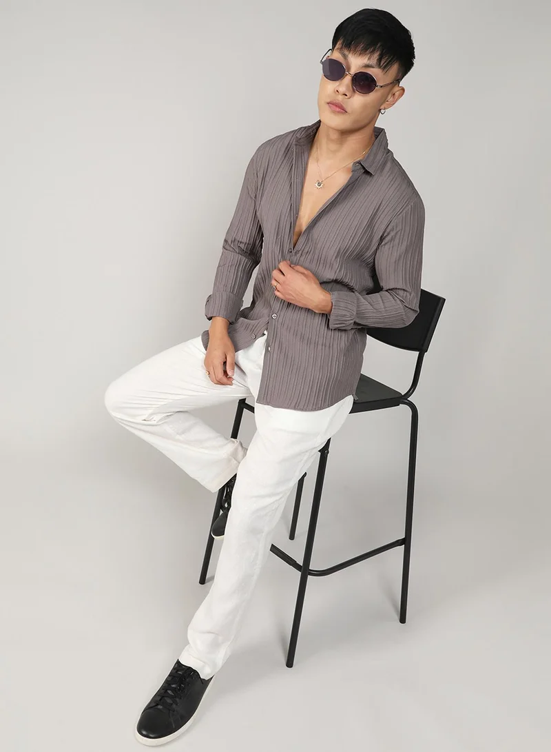 Campus Sutra Campus Sutra Men's Ash Grey Self-Design Striped Shirt For Casual Wear | Spread Collar | Long Sleeve | Button Closure | Shirt Crafted With Comfort Fit For Everyday Wear