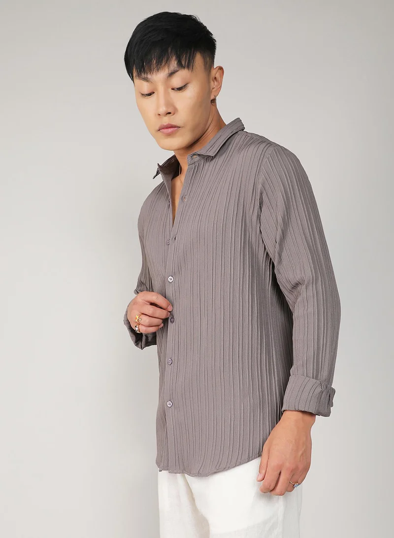 Campus Sutra Campus Sutra Men's Ash Grey Self-Design Striped Shirt For Casual Wear | Spread Collar | Long Sleeve | Button Closure | Shirt Crafted With Comfort Fit For Everyday Wear