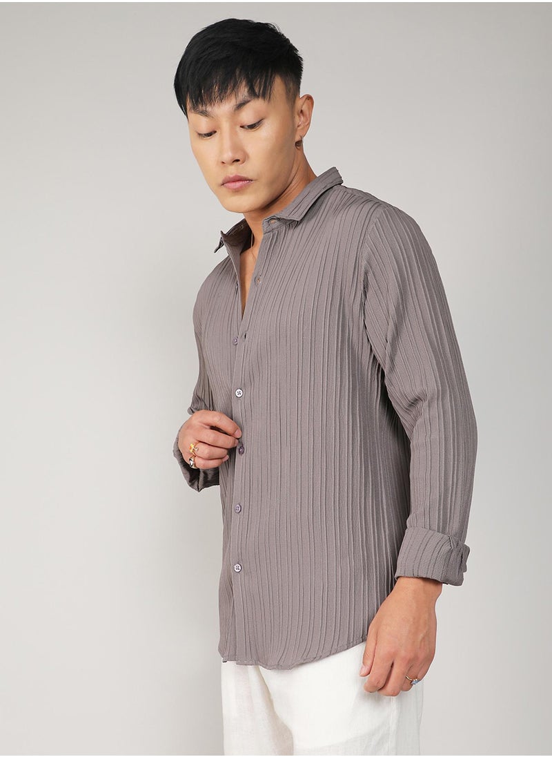 Campus Sutra Campus Sutra Men's Ash Grey Self-Design Striped Shirt For Casual Wear | Spread Collar | Long Sleeve | Button Closure | Shirt Crafted With Comfort Fit For Everyday Wear  - Image 3