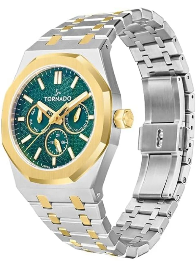 تورنيدو Tornado Aurora Men's Miyota 6P29 Movement Watch, Multi Function Display and Stainless Steel Brushed Bracelet Strap - T23104-TBTG, Two Tone Gold