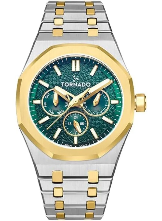 تورنيدو Tornado Aurora Men's Miyota 6P29 Movement Watch, Multi Function Display and Stainless Steel Brushed Bracelet Strap - T23104-TBTG, Two Tone Gold