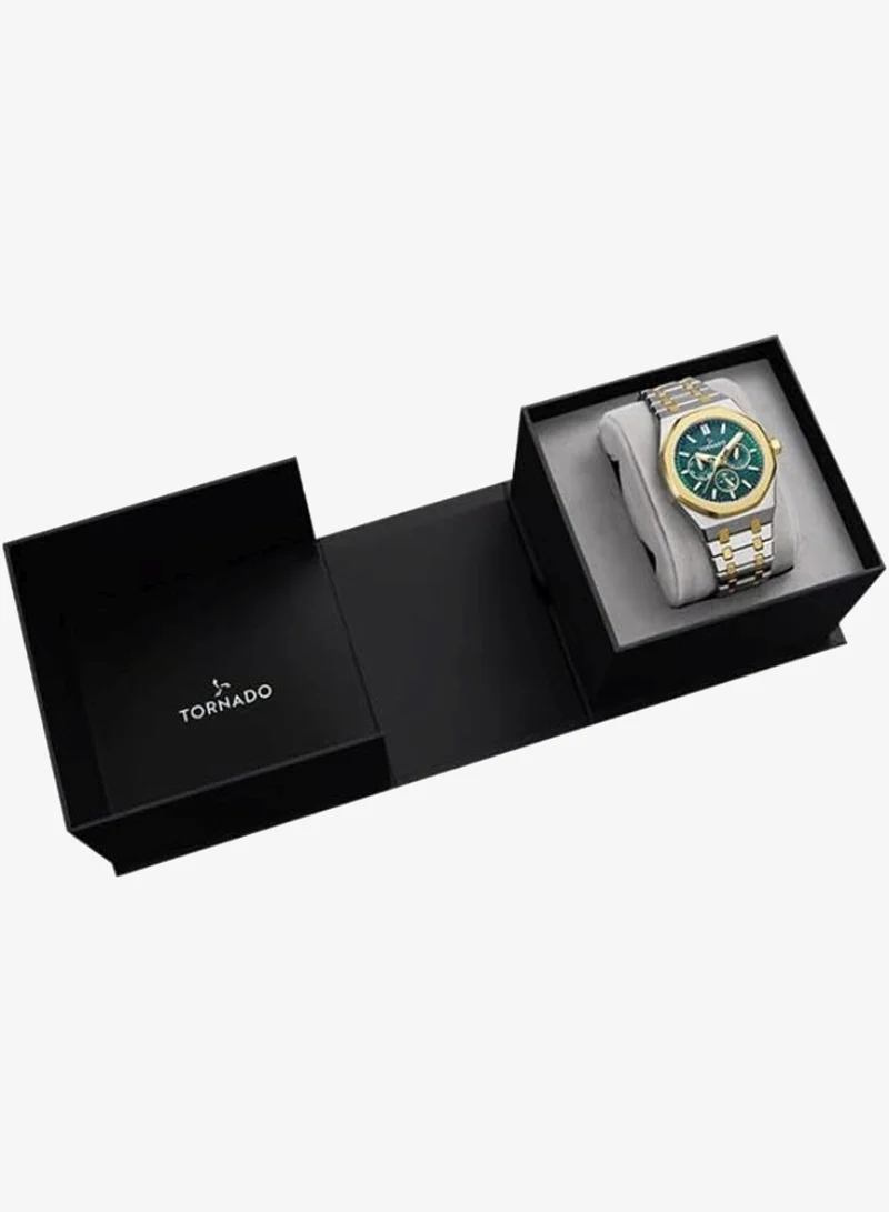 Tornado Green Tornado Aurora Men's Miyota 6P29 Movement Watch, Multi Function Display and Stainless Steel Brushed Bracelet Strap - T23104-TBTG, Two Tone Gold for Men | Best Price UAE