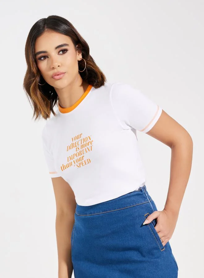 Styli Contrast Stitch Slogan Print Fitted T-Shirt