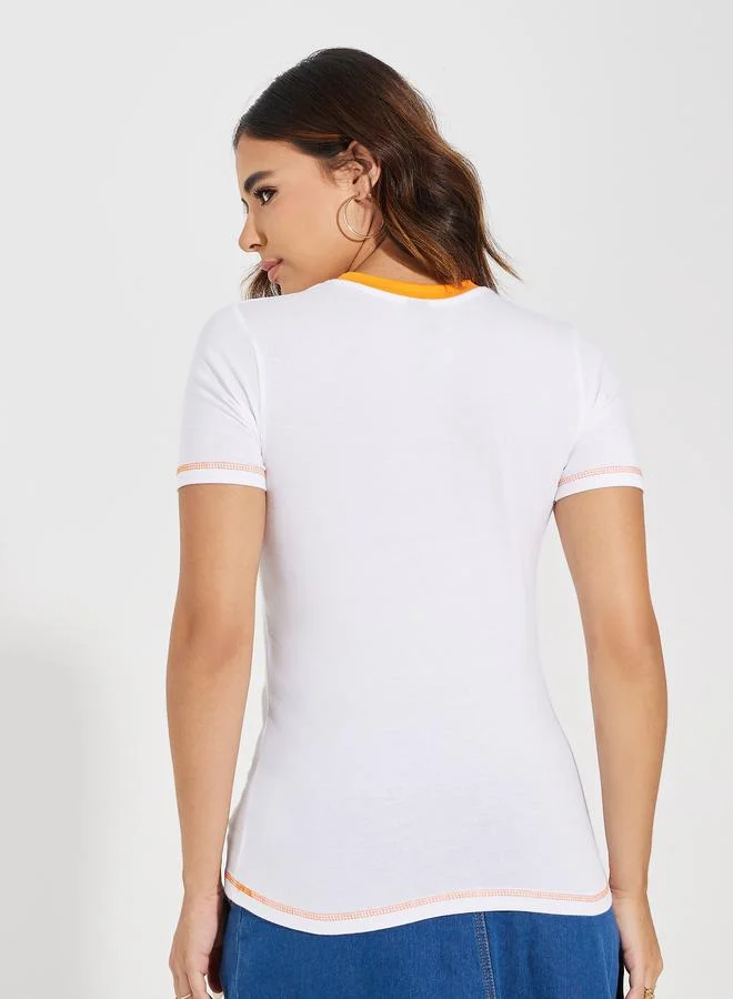 Styli Contrast Stitch Slogan Print Fitted T-Shirt