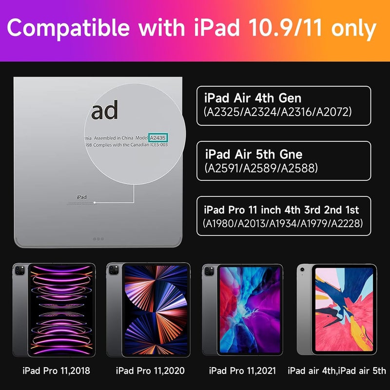 هوو غطاء لوحة مفاتيح HOU لجهاز iPad Air الجيل الخامس، والجيل الرابع من Air مقاس 10.9 بوصة، وiPad Pro مقاس 11 بوصة (الجيل الثالث/الثاني/الأول)، بتصميم مغناطيسي عائم، ولوحة لمس متعددة اللمس، وإضاءة خلفية بـ 7 ألوان، وتخطيط QWERTY - Image 2