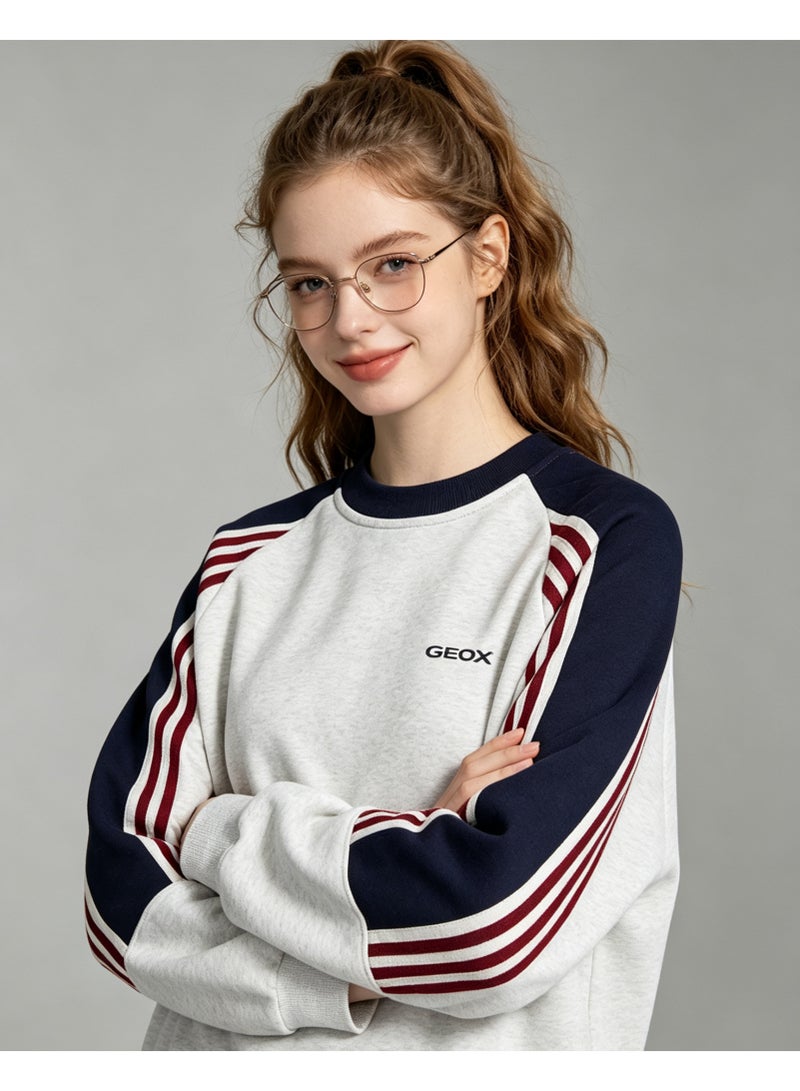 GEOX Unisex Crew Neck Sweatshirt Vintage Washed Oversized Color‑Block Striped Sleeves Casual Sporty Campus Top, Heather Grey Navy Red - Image 4