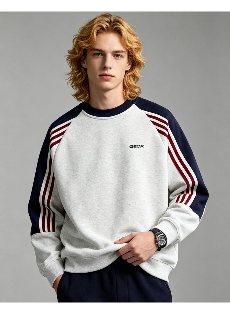 GEOX Unisex Crew Neck Sweatshirt Vintage Washed Oversized Color‑Block Striped Sleeves Casual Sporty Campus Top, Heather Grey Navy Red - Image 5