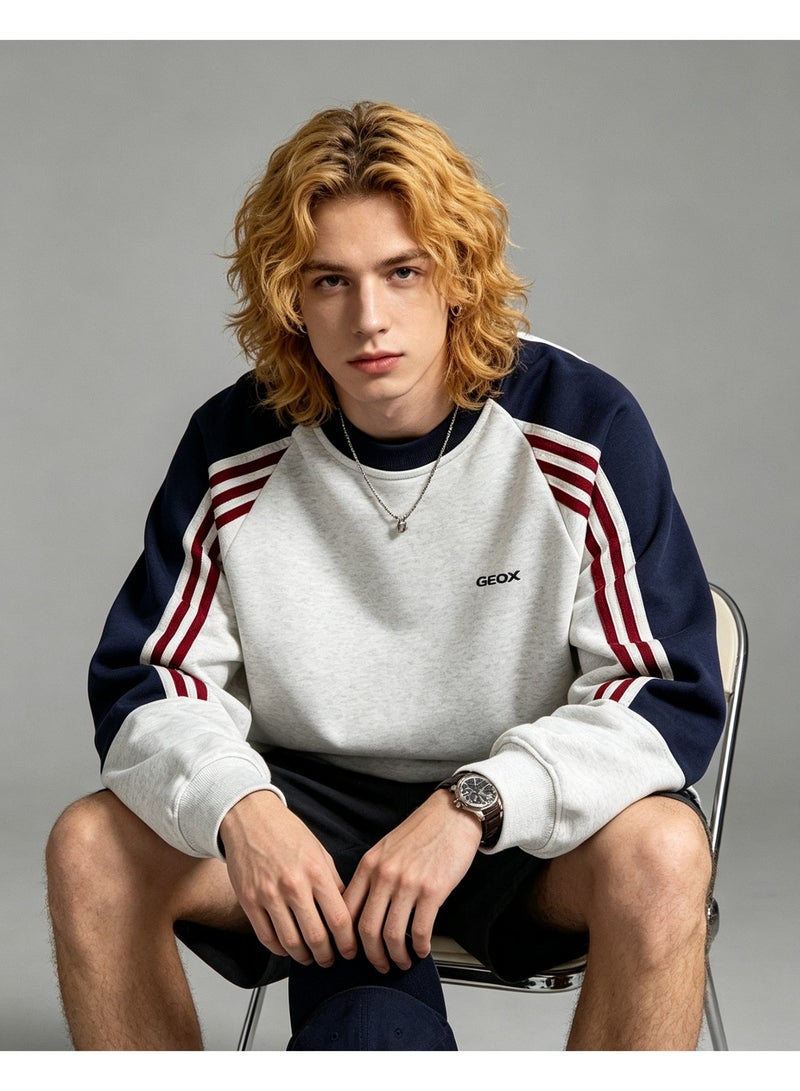 GEOX Unisex Crew Neck Sweatshirt Vintage Washed Oversized Color‑Block Striped Sleeves Casual Sporty Campus Top, Heather Grey Navy Red - Image 1