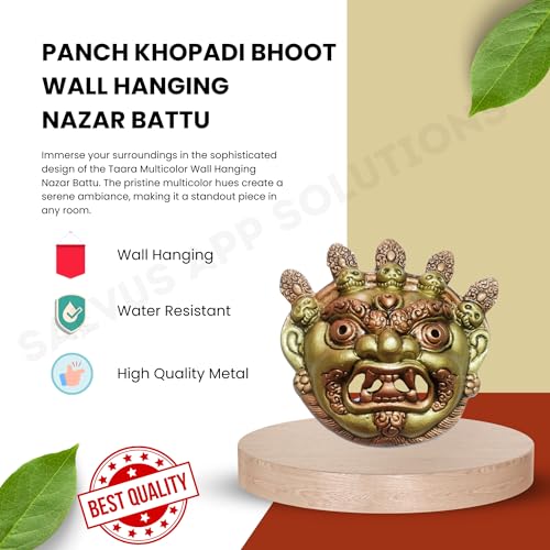 Salvus APP SOLUTIONS Golden Metal Panch Khopadi Bhoot Nazar Battu Wall Hanging – Evil Eye Protector & Vastu Kawach for Home, Shop & Office Entrance (6x6 Inch) - Image 3