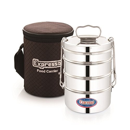 Expresso Stainless Steel Food Carrier 4 Tier 5 Inch Big Container Roller Lock Lunch Box w/Insulated Carry Bag, Silver - Image 1
