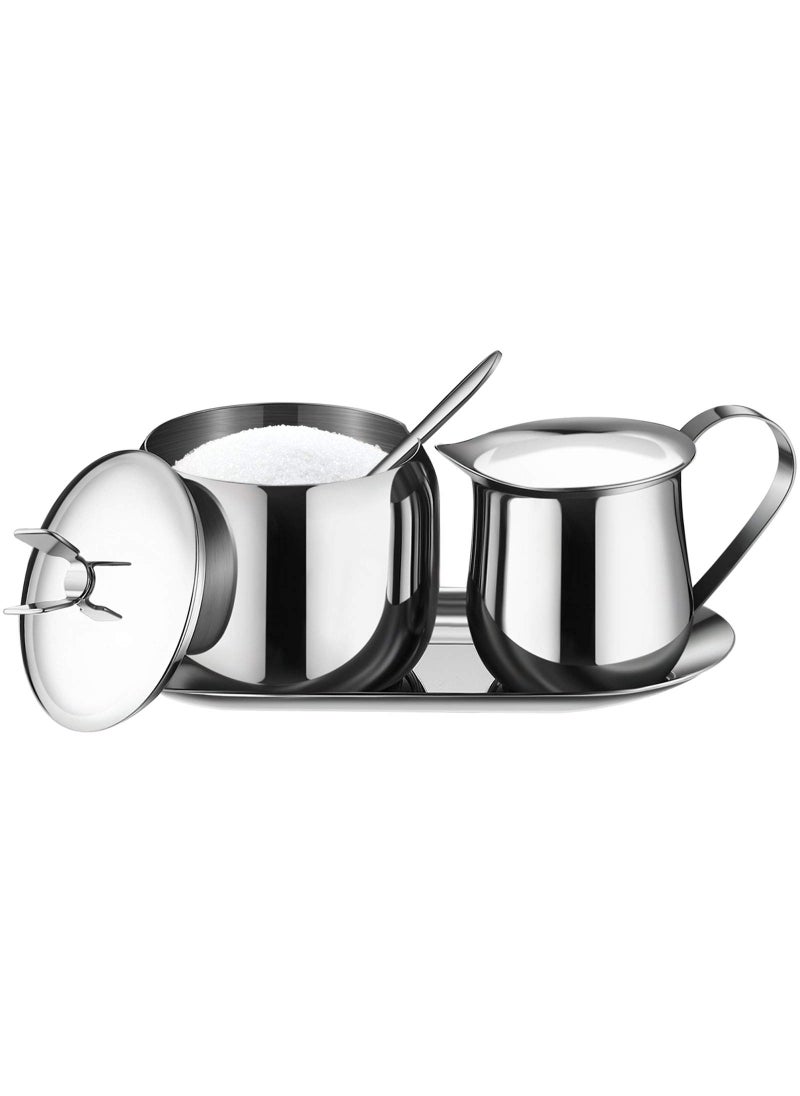Patelai Creamer and Sugar Bowl Set Stainless Steel Latte Milk Cup Cream Jug and Sugar Bowl with Lid Spoon Tray for Coffee Serving Set Frothing Milk 