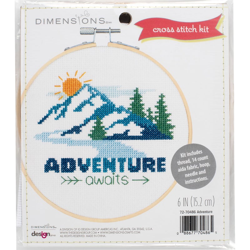 Dimensions 72-70486 Adventure Awaits Counted Cross Stitch Kit for Beginners, 6" Diameter, 14 Cnt. Aida, 5 Pieces - Image 1