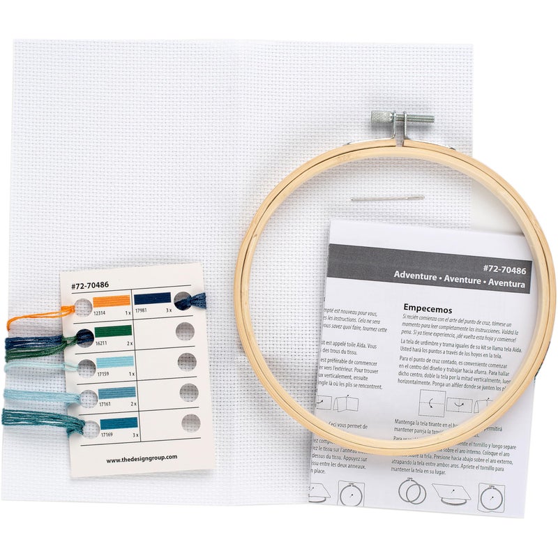 Dimensions 72-70486 Adventure Awaits Counted Cross Stitch Kit for Beginners, 6" Diameter, 14 Cnt. Aida, 5 Pieces - Image 3