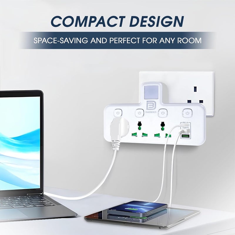 DANEEN 6-in-1 Multi plug power extension socket 3 Outlets, 2 USB Ports, 1 Type-C, LED Night Light, Surge protector, Universal plug adapter 4000W for multiple devices (White)(Socket Extender YS-T06) - Image 3