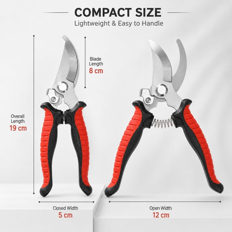 Heavy Duty Garden Shears - 19cm Stainless Steel Pruning Scissors with Soft Grip Handles, Bypass Pruner for Trimming Flowers, Bushes, and Branches - Red & Black - Image 2