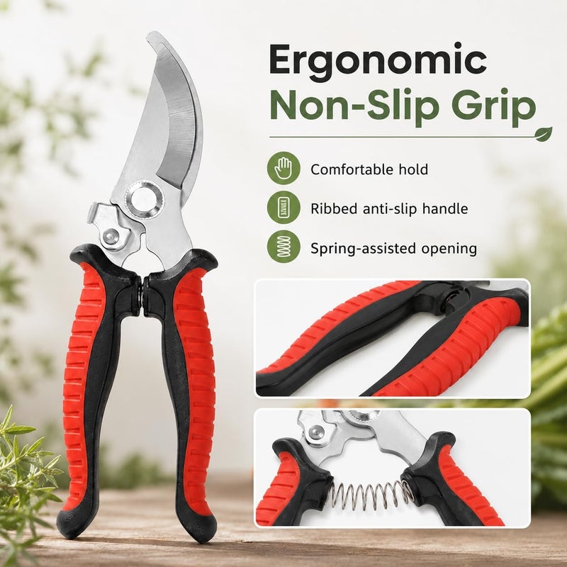 Heavy Duty Garden Shears - 19cm Stainless Steel Pruning Scissors with Soft Grip Handles, Bypass Pruner for Trimming Flowers, Bushes, and Branches - Red & Black - Image 4