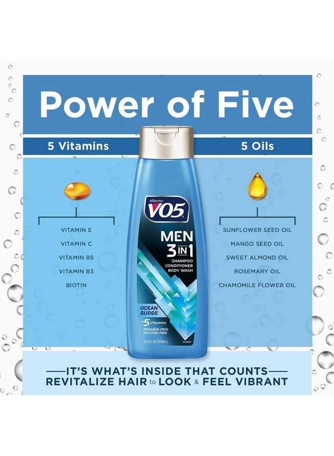 في او 5 شامبو وبلسم وغسول للجسم 3 في 1 للرجال من Erto Vo5 - Ocean Surge - 5 فيتامينات أساسية A وH وC وB5 وB3 للمساعدة في تغذية وترطيب شعرك وبشرتك، أزرق، منعش، 12.5 أونصة سائلة - Image 4