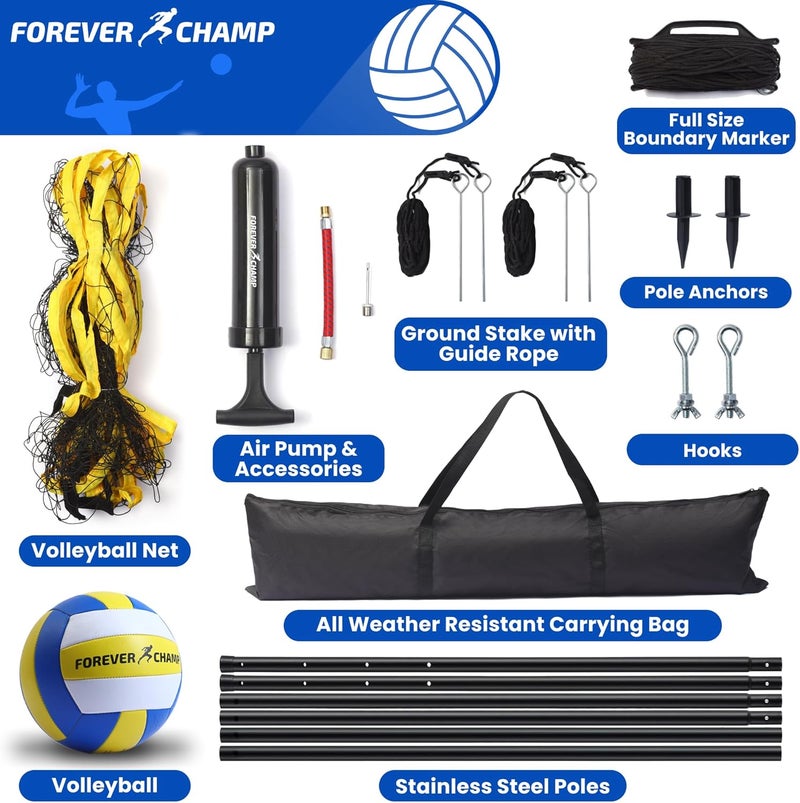Forever Champ Volleyball Net for Backyard, Beach, Home, Includes 32x3 Ft Regulation Size Net, 8.5-Inch PU Volleyball, Carrying Bag, Boundary Lines, Steel Poles & Pump, Portable Volleyball Net Outdoor - Image 2