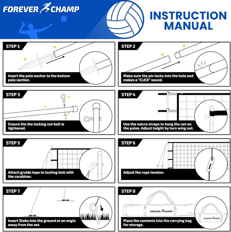Forever Champ Volleyball Net for Backyard, Beach, Home, Includes 32x3 Ft Regulation Size Net, 8.5-Inch PU Volleyball, Carrying Bag, Boundary Lines, Steel Poles & Pump, Portable Volleyball Net Outdoor - Image 3