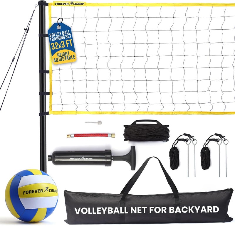 Forever Champ Volleyball Net for Backyard, Beach, Home, Includes 32x3 Ft Regulation Size Net, 8.5-Inch PU Volleyball, Carrying Bag, Boundary Lines, Steel Poles & Pump, Portable Volleyball Net Outdoor - Image 1