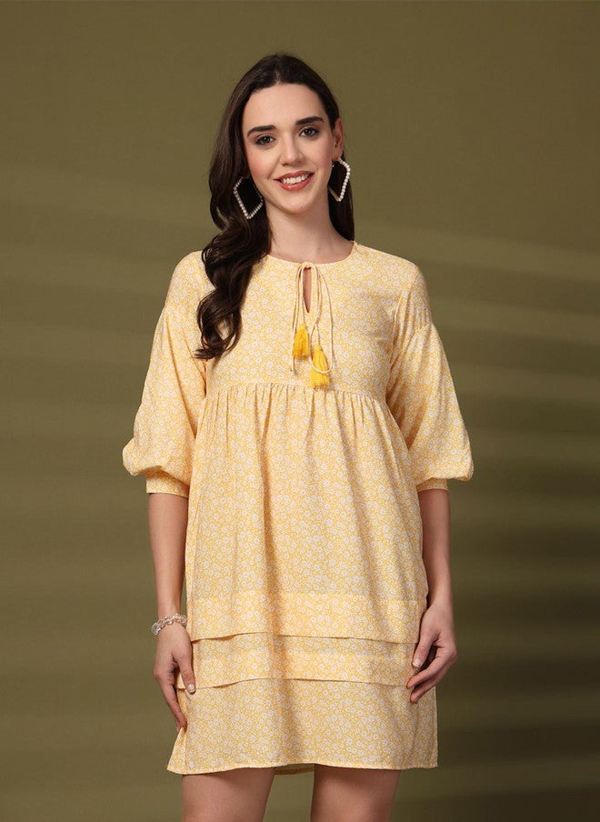Rue Collection فستان مزخرف بالأزهار مع رقبة مربوطة وقصة واسعة للنساء - Image 1