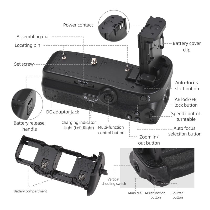 Battery Grip Black: Dual LP-E6 Battery Slot, Enhanced Vertical Stability - Ergonomic Leather Coating, Vertical Grip for Canon EOS R5/R5C/R6/R6 Mark II Mirrorless Cameras, Tripod Compatible - Image 5
