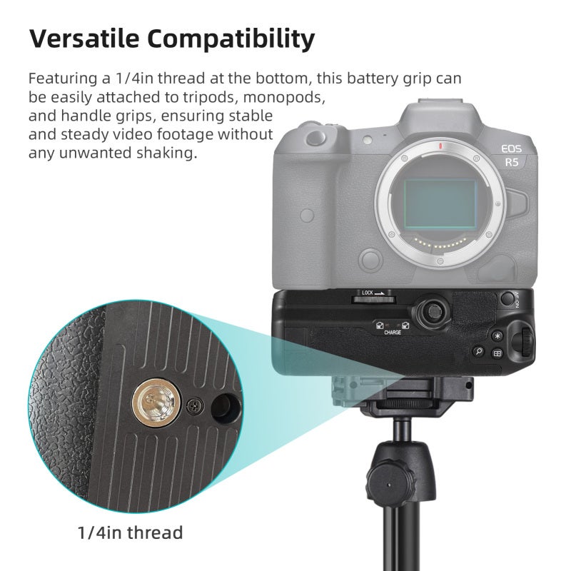 Battery Grip Black: Dual LP-E6 Battery Slot, Enhanced Vertical Stability - Ergonomic Leather Coating, Vertical Grip for Canon EOS R5/R5C/R6/R6 Mark II Mirrorless Cameras, Tripod Compatible - Image 3