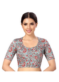 Studio Shringaar Women's Polyester Readymade tassar Silk Kalamkari Printed Saree Blouse with Short Sleeves(Multi-Color, 34)
