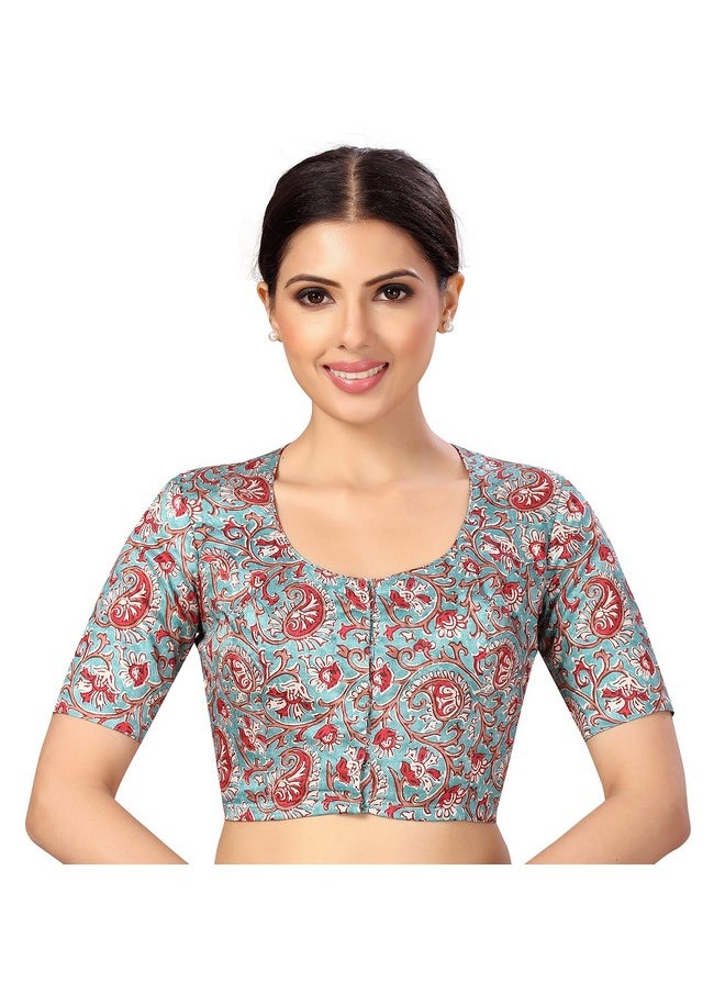 Studio Shringaar - Studio Shringaar Women's Polyester Readymade tassar Silk Kalamkari Printed Saree Blouse with Short Sleeves(Multi-Color, 34) - Image 1