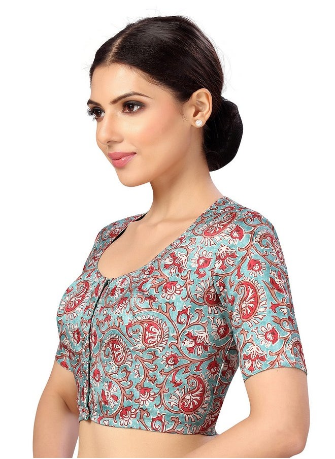 Studio Shringaar - Studio Shringaar Women's Polyester Readymade tassar Silk Kalamkari Printed Saree Blouse with Short Sleeves(Multi-Color, 34) - Image 1