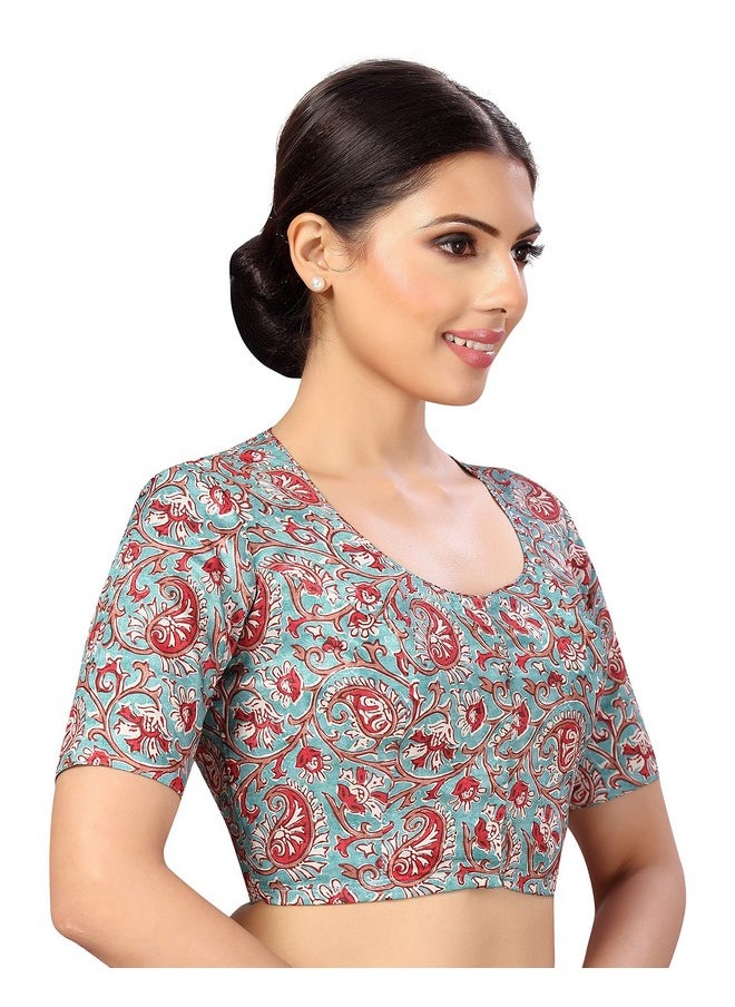 Studio Shringaar - Studio Shringaar Women's Polyester Readymade tassar Silk Kalamkari Printed Saree Blouse with Short Sleeves(Multi-Color, 34) - Image 1