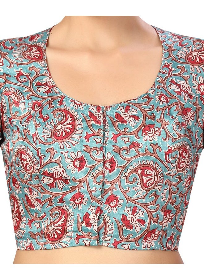 Studio Shringaar - Studio Shringaar Women's Polyester Readymade tassar Silk Kalamkari Printed Saree Blouse with Short Sleeves(Multi-Color, 34) - Image 1