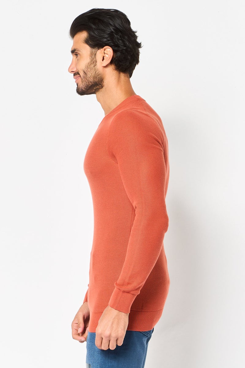 Celio Men Crew Neck Long Knitted Sweater, Orange - Image 3