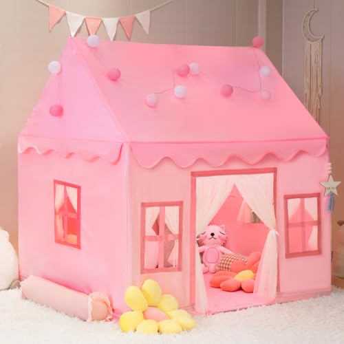 RONGFA Large Kids Tent Playhouse Padded Mat with Star Lights Flags and Tote Bags Play Tent Indoor Outdoor Washable Teepee Tent for Boys Girls Kids Play House for ToddlerPink - Image 1