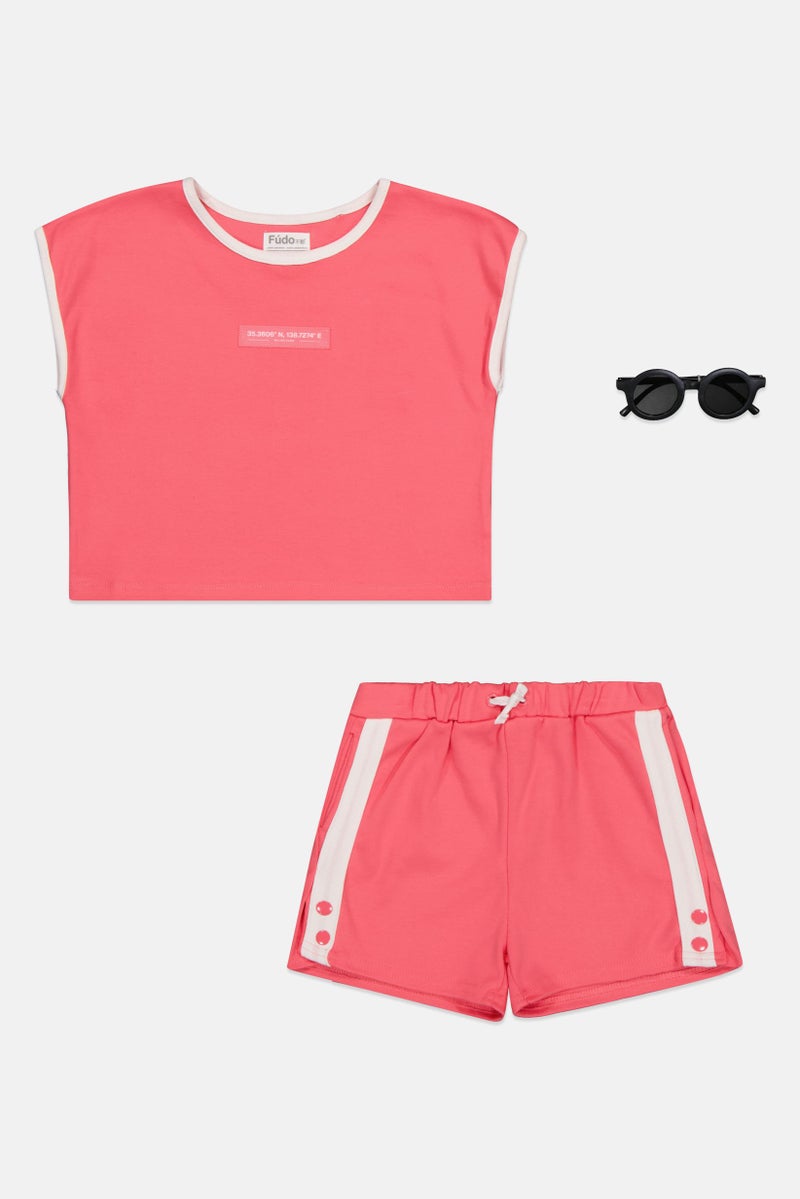 Fudo Kids Girl 3 Pcs Embroidered T-Shirt And Shorts With Sunglasses Set, Pink - Image 2