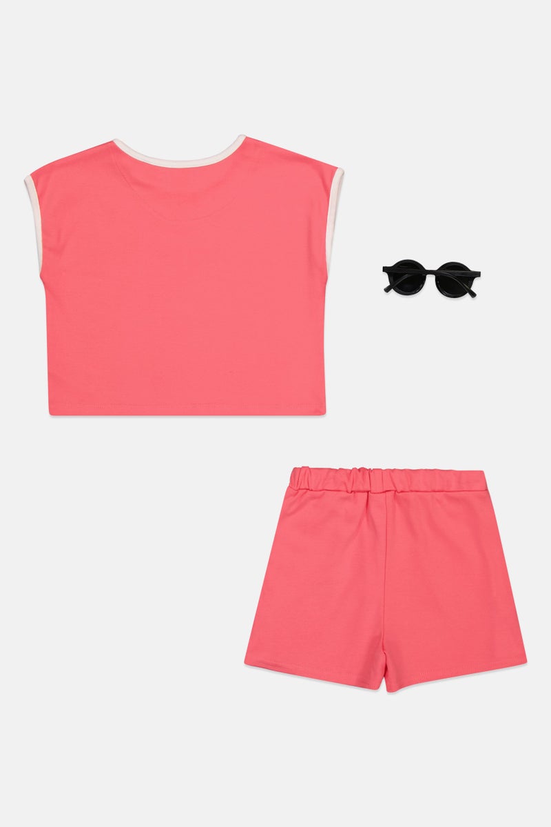 Fudo Kids Girl 3 Pcs Embroidered T-Shirt And Shorts With Sunglasses Set, Pink - Image 3