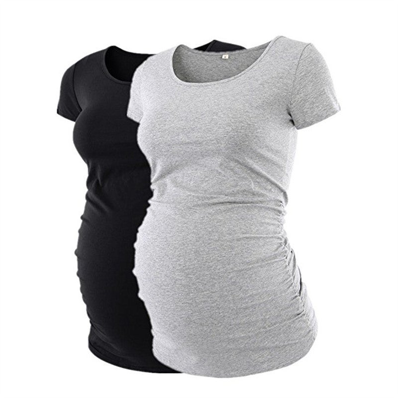 Cross-border supply wish ebay European and American women's clothing solid color round neck pullover short-sleeved maternity T-shirt three-color gray S - Image 3