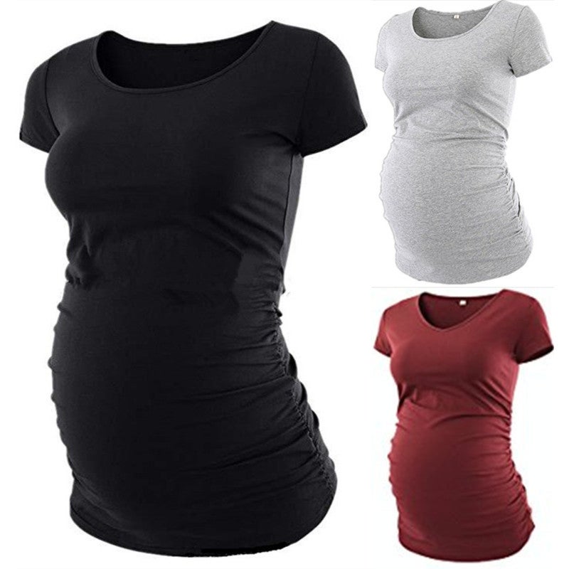 Cross-border supply wish ebay European and American women's clothing solid color round neck pullover short-sleeved maternity T-shirt three-color gray S - Image 2