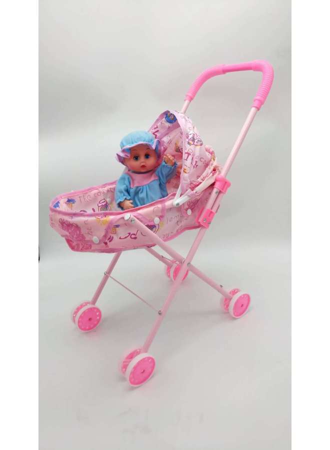 Children's Boys And Girls Play Home Toy Children's Baby With Doll Folding Iron Cart Simulation Baby Trolley-Color:839A Powder +01 Blue Baby - Image 1