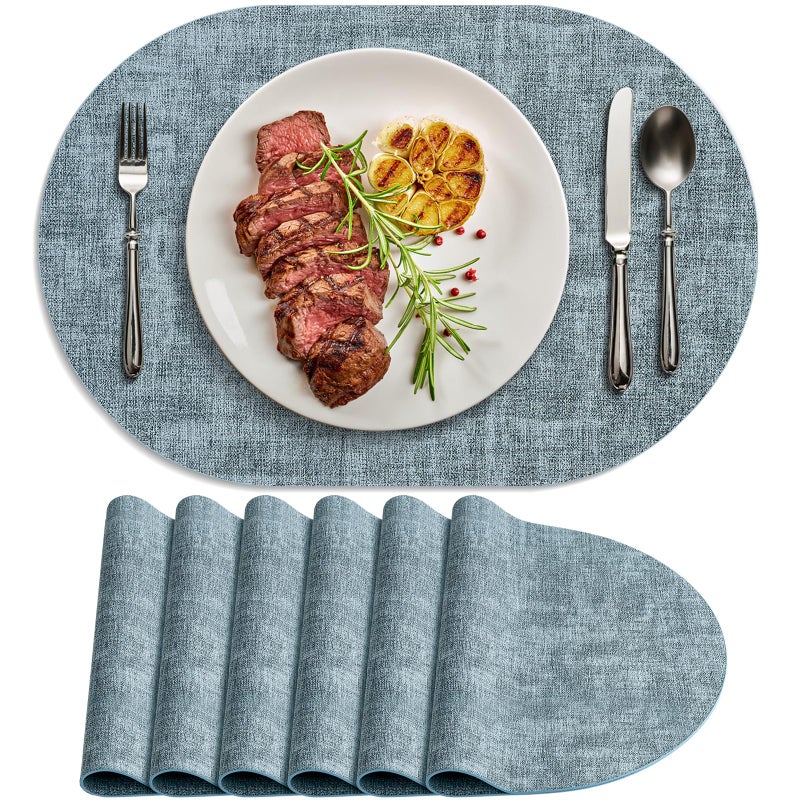 BARTHKIT Placemats for Dining Table Set of 6 Non-Slip, Heat Resistant Oval Leather Placemat Double Layer, Waterproof Table Mats Easy to Clean for Kitchen Dining Room, Light Blue - Image 1
