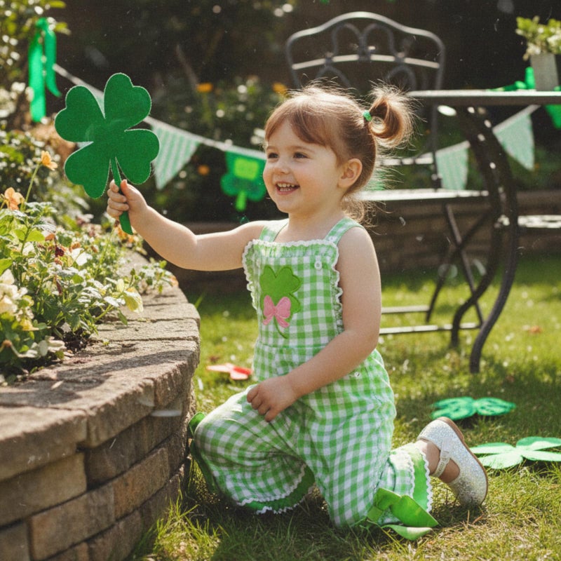 YINGISFITM Toddler Girl Outfit St Patricks Day Overalls Clover Romper Long Flared Jumpsuit Irish Shamrock Clothes (Green, 12-18 Months) - Image 3