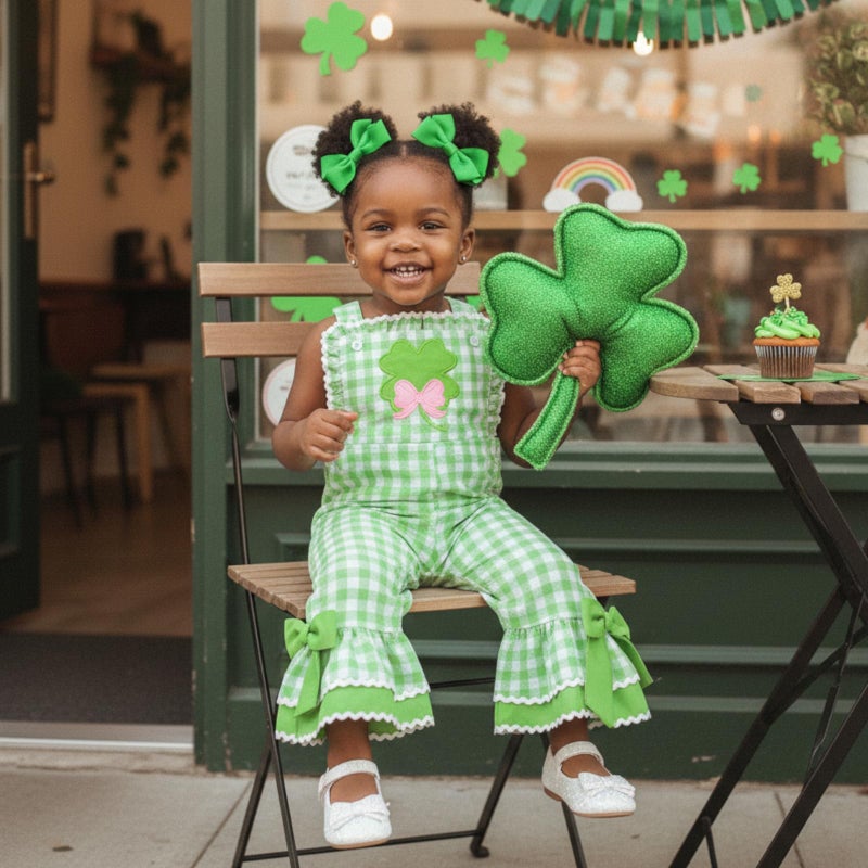 YINGISFITM Toddler Girl Outfit St Patricks Day Overalls Clover Romper Long Flared Jumpsuit Irish Shamrock Clothes (Green, 12-18 Months) - Image 4